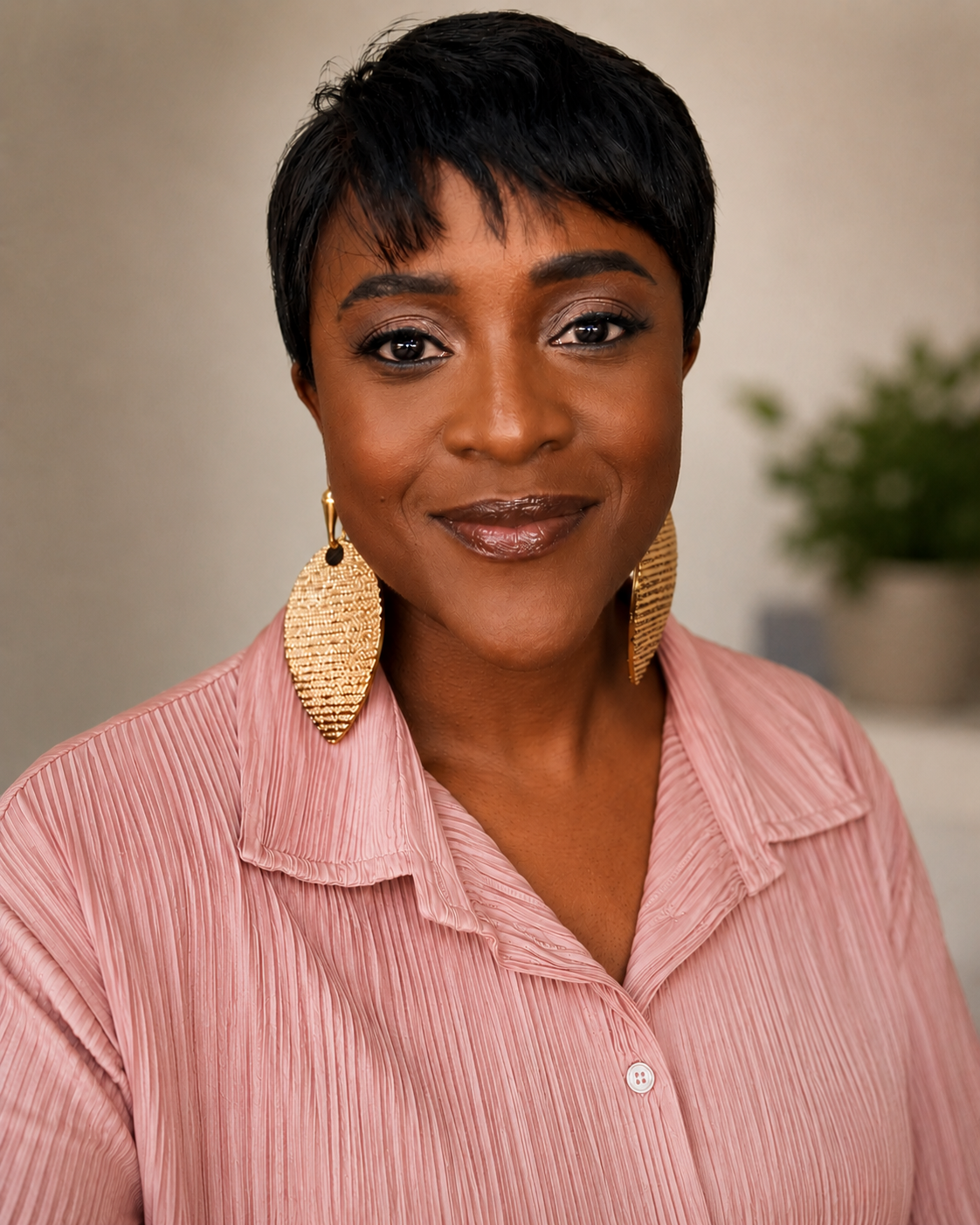Professional headshot of counsellor Simone Bell smiling warmly against a soft neutral background, wearing a pink blouse.