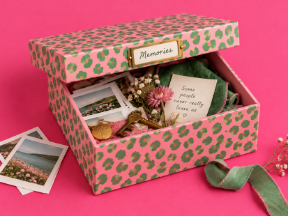An open pink and green patterned memory box filled with photographs, flowers, keepsakes and handwritten notes against a hot pink background.