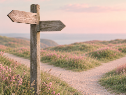 A rustic wooden signpost with blank arrows stands beside a forked path through green hills dotted with pink wildflowers, beneath a soft pink sky.